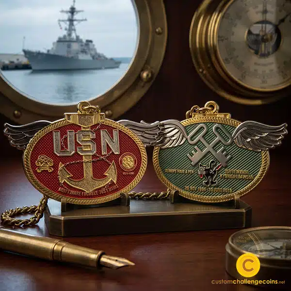 U.S. Navy challenge coins displayed with a Navy ship visible through a porthole