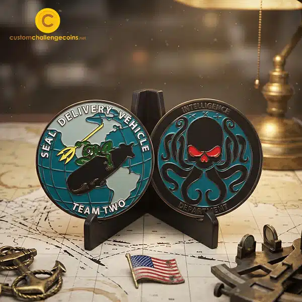 SEAL Delivery Vehicle Team Two and Navy intelligence challenge coins with naval symbols