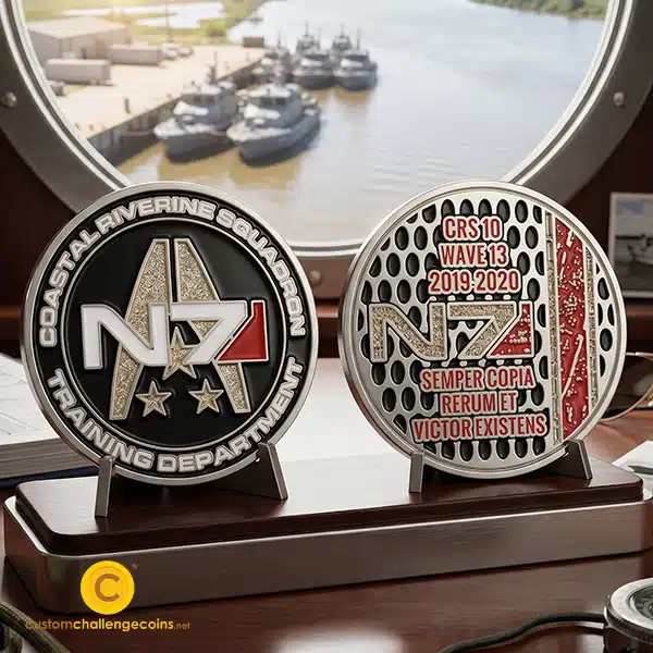 Coastal Riverine Squadron training department challenge coins displayed aboard a Navy vessel
