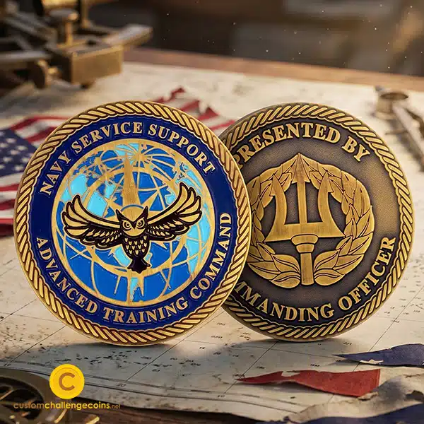Navy Service Support Advanced Training Command challenge coins displayed with naval memorabilia