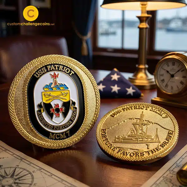 USS Patriot challenge coins displayed with Navy memorabilia