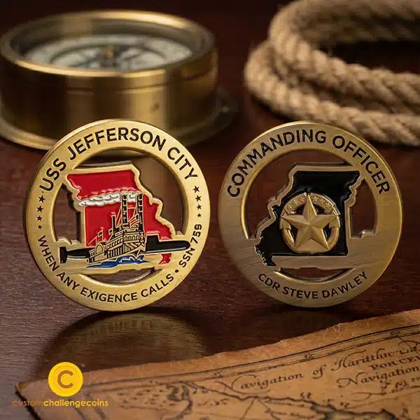USS Jefferson City commanding officer challenge coins with naval navigation items