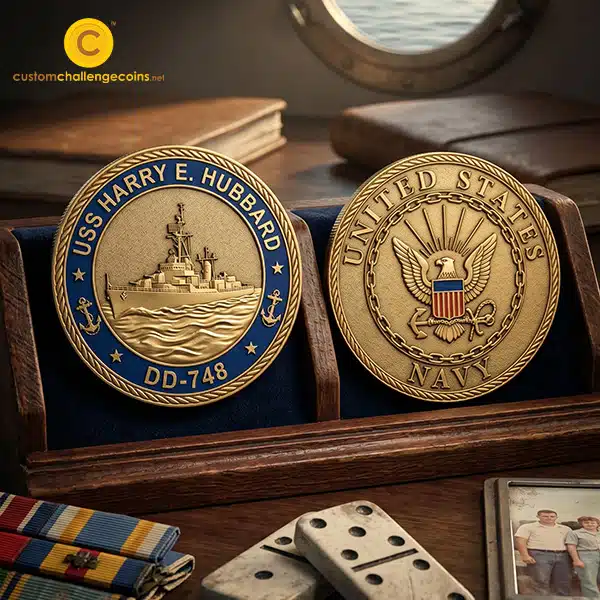 Navy challenge coins displayed with service memorabilia during deployment